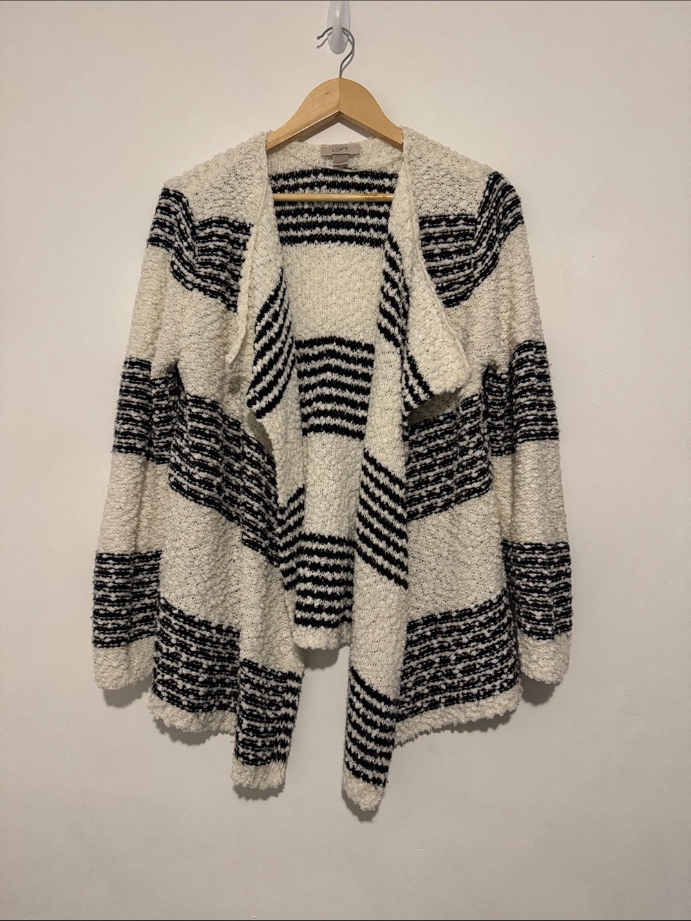LOFT Cream and Black Striped Bouclé Open-Front Cardigan
